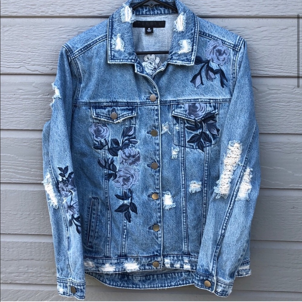 Tinsel distressed floral embroidered denim jacket
